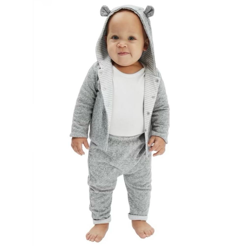Baby Gap Reversible Bear Hoodie Sweatshirt and Pants Set Gray Size 3-6 Months